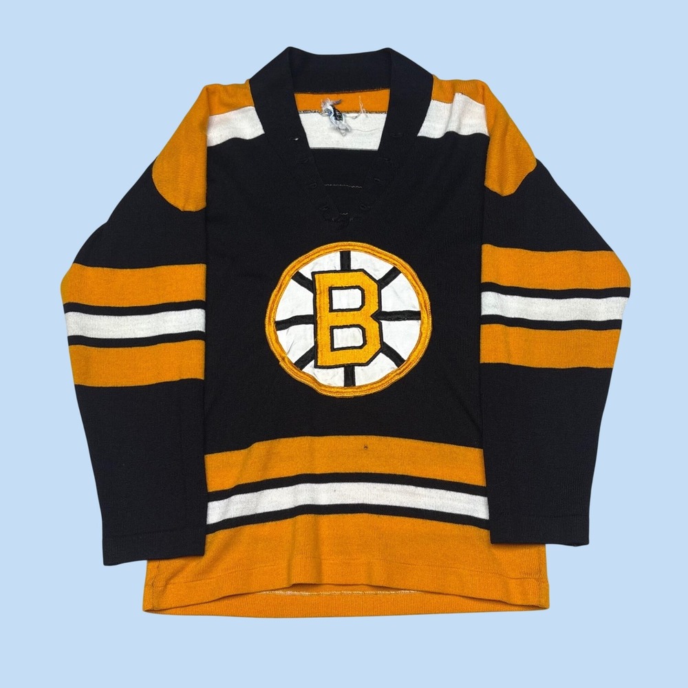 Vtg 70s Franklin Boston Bruins Hockey Jersey Knit Black Gold Number 5 Mens S